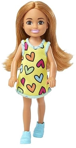 Barbie Chelsea-Puppe - 15 cm große Puppe mit Herzmuster-Kleid, blondem Haaren und blauen Augen, inkl. Outfit für kreativen Spielspaß, Geschenk für Kinder von 3 bis 7 Jahren, HNY57