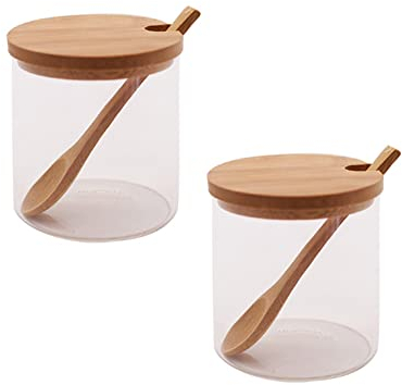 QUUPY Lot de 2 pots à épices minimalistes en verre, 300 ml, transparents, 7,4 x 8,9 cm, pots à épices avec cuillères et couvercles, stockage des aliments pour la maison, la cuisine, le café