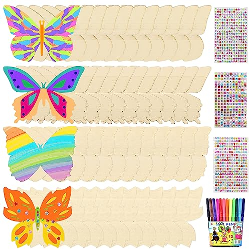 Zkaoai Bastelset Kindergeburtstag, 40 Stück Holz Basteln Kinder, Schmetterling Kindergeburtstag, Basteln für Kinder, Bastelset Kindergeburtstag Mädchen mit 12 Aquarellstift + 3 Edelsteinaufkleber