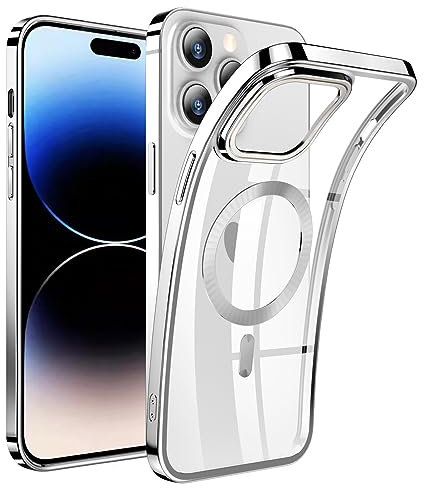 AFENGBOX Cover Magnetica per iPhone 14 Pro Max,Compatibile con MagSafe,Custodia Protettiva Antiurto in Silicone iPhone 14 Pro Max Case,Trasparente Argento