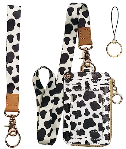 bolimoss Schlüsselband mit Kuh-Aufdruck, 2-in-1, kleine Geldbörse mit Abreißband und Umhängeband, transparentes Fenster, 4 Kreditkartenfächer und ein abnehmbares Umhängeband, Ring-Schlüsselanhänger