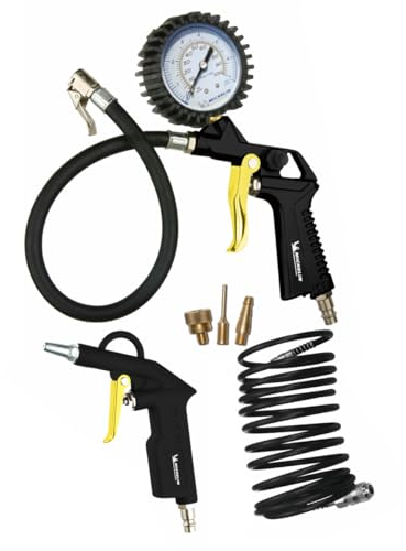 MICHELIN - Kit aria compressa 3 pezzi (Include pistola di gonfiaggio con manometro, tubo flessibile a spirale da 5 m, pistola di soffiaggio corta) - Pressione massima : 8 bar