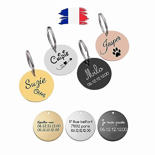 Médaille Chien et Chat avec gravure personnalisée - Gravure Laser En France - Etiquettes plaque d'identification pour animaux de compagnie avec Prénom Adresse Téléphone en acier inoxydable.