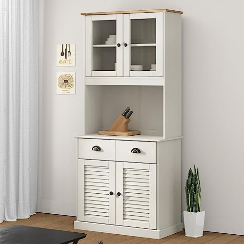 KOIECETA Highboard VIGO Küchenschrank Vitrinenschrank Geschirrschrank Massivholz Kiefer Anrichte Esszimmerschrank Vitrine Landhausstil Rustikal Kommode (Weiß, Mit 2 Türen)