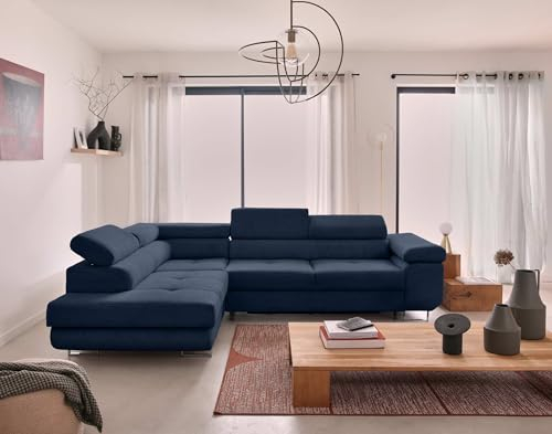 Bestmobilier Zaria – Ecksofa Links – mit Schlaffunktion und Bettkasten sowie verstellbaren Kopfstützen – 5-Sitzer – aus Cord Blau