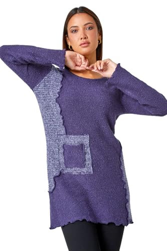 Roman Originals Textured Pocket Detail Longline Jumper for Women UK - Ladies Everyday Autumn Winter Round Neckline Comfy Soft Evening Vacation Work Party Night Out - Purple - Size 12