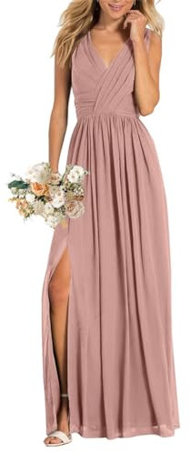 Damen V-Ausschnitt Brautjungfernkleider für Hochzeit Split A Linie Lange Formelle Kleider mit Taschen, Dusty Rose, 34
