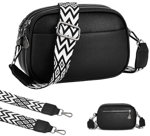 WIZOZI Stylisch Crossbody Bag Damen,Bauchtasche Damen Kleine Umhängetasche Damen mit 3 Großen Fächern,Breitem Gurt Reißverschluss,Verstellbarer Abnehmbarer Schultergurt (3-schwarz)