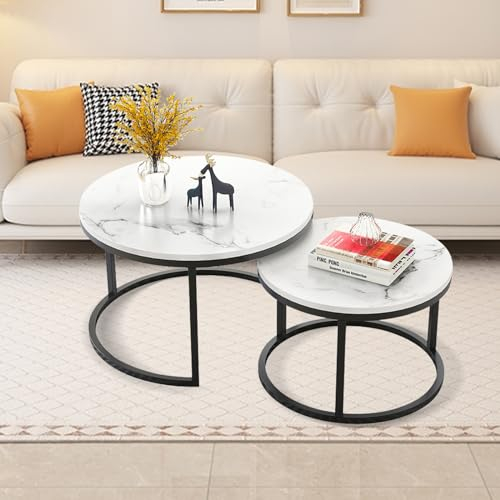 Undres Couchtisch, 2er Set, Wohnzimmertisch, Couchtisch rund, Couchtisch Holz, Wohnzimmertisch Weiß, Weißer Marmor-Look, Ø80x44 cm und Ø60x39 cm, Stapelbare Beistelltische, Hochwertiger Metallrahmen.