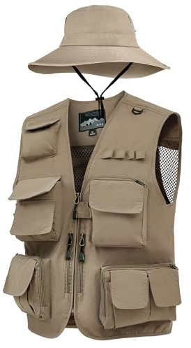 Shihanee 2 Pcs Men's Fishing Vest Sun Hat Multi Pocket Safari Vest for Outdoor Hiking Summer Travel(XL,Khaki)