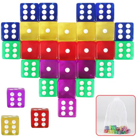 30 Stück Würfel Set, 16 mm Bunte Würfel Spielwürfel aus Acryl von 5 Farben und Aufbewahrungsbeutel, 6-Seitig Würfel Klein, Cube Würfel Set für Tischspiele, Partyspiel, Spielzeuggeschenke