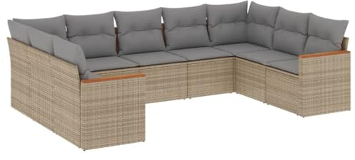 vidaXL 9-TLG. Garten-Sofagarnitur mit Kissen Beige Poly Rattan
