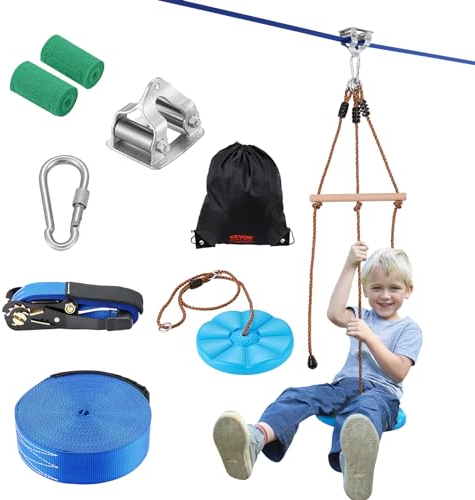 VEVOR Zipline-Set für Kinder & Erwachsene, 16,7 m Zipline-Sets bis zu 227 kg, Seilrutschen für den Außenbereich im Hinterhof, Spielplatzunterhaltung mit Zipline, Nylon-Sicherheitsgurt & Zubehörsatz