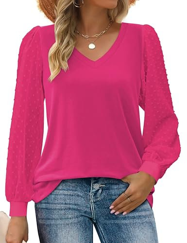Zeagoo Camicia Donna Basic Camicette Maglie a Manica Lunga Elegante Tunica Bluse Classico Casual Scollo V Shirts Tops Autunno Inverno Rosa Rossa XL