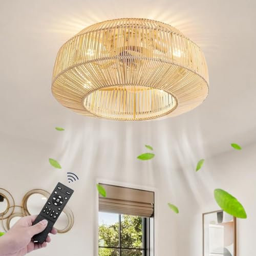 HEYUN Ventilateur De Plafond Avec Éclairage E26 Rotin Et Bambou Avec Télécommande Rattan Ventilateur Silencieux Plafond 6 Vitesses De Vent Lampe Avec Avec Minuterie Pour Salon Salle À Manger