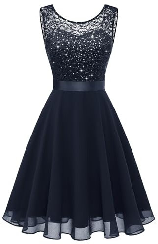 Berylove Cocktailkleid Glitzer Cocktailkleid Blau Sommerkleid Rosa Mit Weisser Spitze Abendkleid Grün Kurz Cocktailkleid Dunkelblau BLP7005XP Navy S