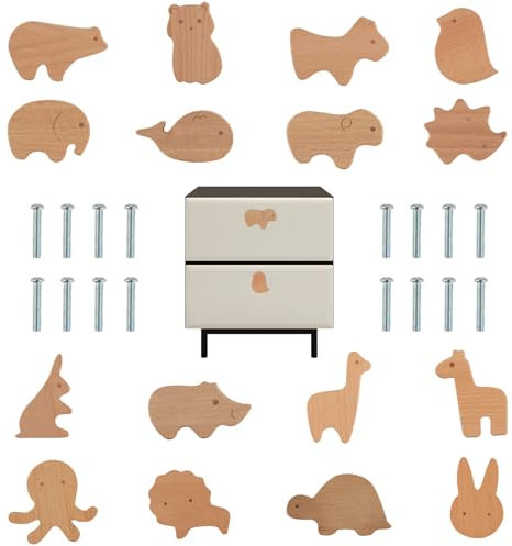 DASHUAIGE 16 Stück Schrankknöpfe Holz fur Kinderzimmer,Möbelknöpfe Tierformen,Holzknöpfe Kommode mit Schrauben,Tier Holz Schubladengriff,Möbelknauf und Schranktürknöpfe