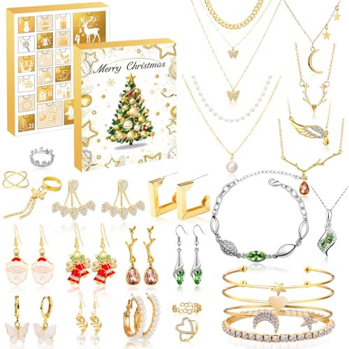 Adventskalender Schmuck, Schmuck Adventskalender 2024 Frauen 24 Überraschungen mit Schmuckstücken, Überraschungen Weihnachten Kette Armkette Ringe Ohrstecker, für Mädchen Frauen