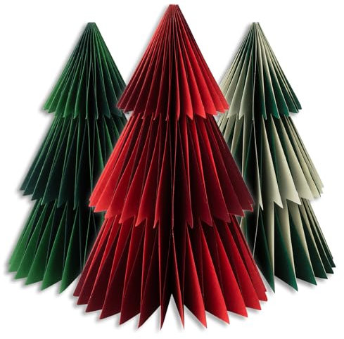 Talking Tables 3 x Christmas Decorations Paper Honeycombs, Premium Reusable Xmas Trees for Tabletop, Fireplace, Windowsill Display Winter Wonderland, Forest Party Theme, Frosted Red & Green