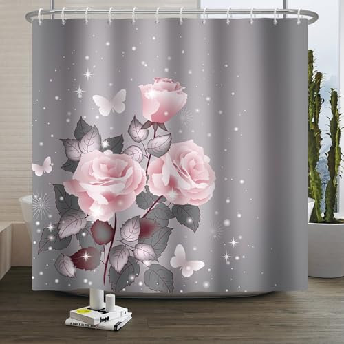 Xiaoterna Rideau de Douche Printemps Rideau de Douche Aquarelle Feuilles et Plantes Florales Paillettes d'or Rideau de Douche Papillon Rose Gris Tissu imperméable et Lavable en Machine 180x180cm