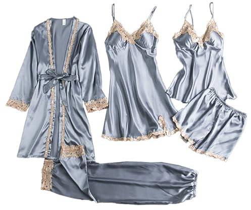 Pigiami da Donna Lingerie Sexy da Donna Giarrettiera Lingerie Set Vestaglie Body in Pizzo Biancheria Intima con Scollo a V Profondo 1 Camicie da Notte in Tuta Pigiama Donna Felpato (Grey, XXXL)