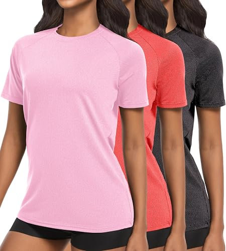 Women's Workout Running T-Shirts, Dry Fit Short Sleeve Shirts, Moisture Wicking Athletic Tee, Sports Gym Yoga Tops Grey/Red/Pink 3P04-XL