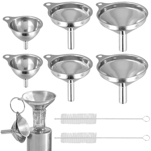 UNGFEI 6 PCS Metal Funnel Set, Stainless Steel Funnels with Cleaning Brush 3 Sizes Kitchen Funnel Set for Oil, Jam, Drinks, Spices