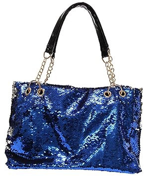 CATIEBYE Mode Glitzer Handtasche Für Damen Große Zweifarbige Einkaufstasche Mit Wendbaren Pailletten Reißverschluss Umhängetasche Mit Kette Und PU Lederriemen Blau