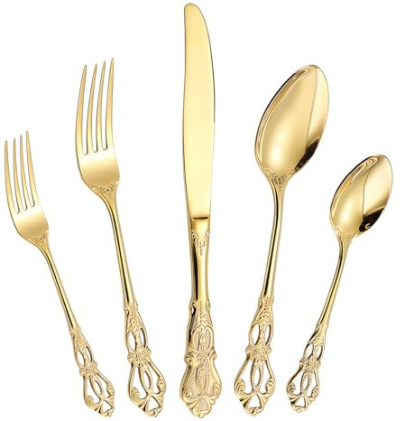 LHLZNB 5-Piece Relief Tableware Set, Premium Travel Cutlery Set Includes Knives and Forks Set, Perfect Knife and Fork Sets for Dining, Camping, and Kitchen use，Gold Cutlery。 (Golden)