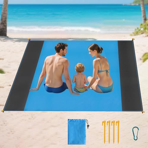 XWCHASA Stranddecke Sandfrei 210×200cm Überdimensioniert, wasserdichte Strandmatte mit 4 Erdheringen Sandfreies Strandtuch für Strand Wandern Camping Picknick Leicht und Reißfest (Hellblau)