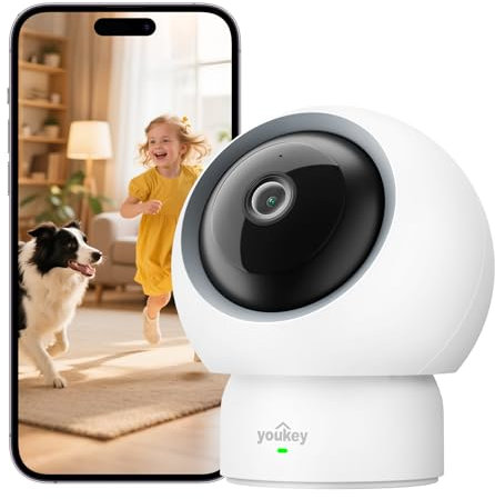 youkey 2.5K Indoor Camera House Security, Human/Pet Detection, Pan/Tilt, Crying Detection for Baby Monitor, Dog Camera, 2.4/5GHz WiFi 6 Home Security Camera Plug-in, Bluetooth Pairing, Two Way Audio