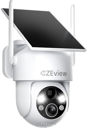 CZEview 2K 3MP HD Überwachungskamera Aussen Akku Solar, 100% Kabellos, 360° PTZ Kamera Überwachung Außen mit Bewegungsmelder, 2.4GHz WLAN, Farbige Nachtsicht, Echtzeit-Warnungen (Weiß)
