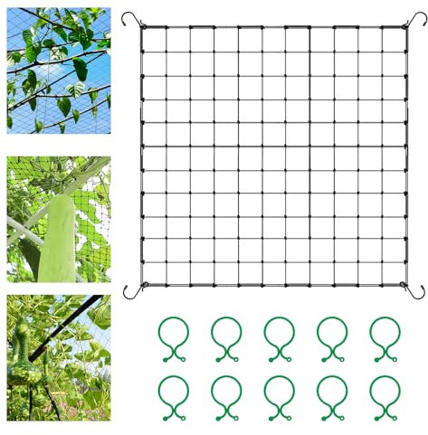 Filet de Culture Scrog 120 x 120 cm,Filet de Support pour Plantes,Treillis élastique avec 4 Crochets,10 Clips pour Plantes Sécurisés,pour Légumes,Fruits,Fleurs pour Jardin,Balcons,Cour, Jardinage