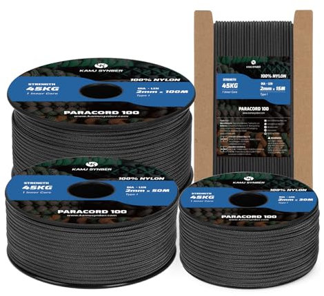 Kamu Synber 2mm Paracord 15M 100% Nylon Seil Reißfeste Schnur mit 1 Kern Typ I Allzweckseil für Basteln, Outdoor, Camping, Survival | Tragkraft 45kg | Schwarz