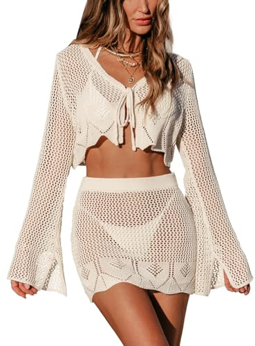 CUPSHE Women Crochet Cover Up Swimsuit Set Long Sleeve 2 Piece Summer Beach Suit Outfit Khaki M