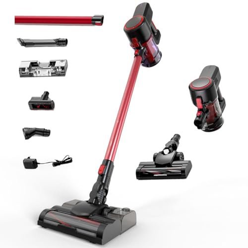 Oamger Aspirateur Balai sans Fil, 4 en 1 Aspirateur Balai sans Sac Multifonctions, Puissance de 120W, Capacité de 1,0L, 15KPA/30 Mins, Eclairage LED, pour Poils d'animaux/Tapis/Sol Durs