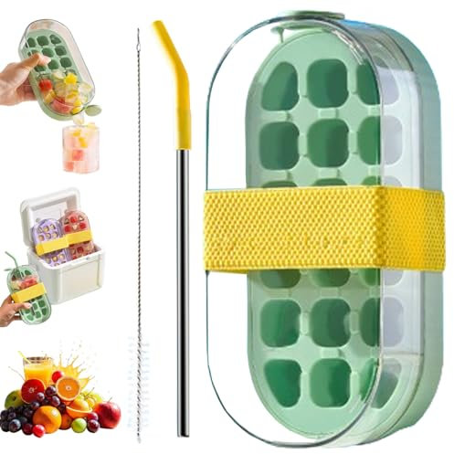 My Crush Cup Ice, 2 in 1 Touch-Free Ice Cube Bottle with Straw, Ice Compartment Water Bottles, Portable Cube Tray Water Bottle for Coffee, Juice, and Beverages, One-Touch IceRelease (Green)