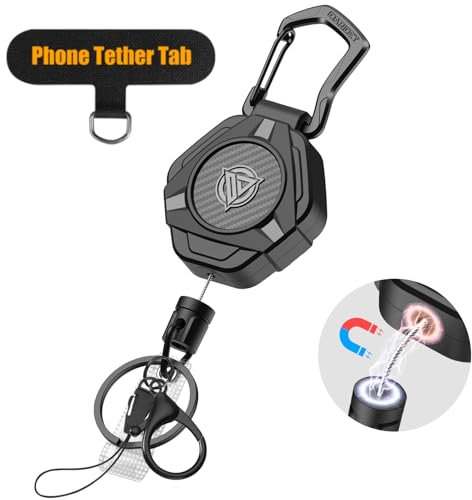 Oaridey Porte-clés magnétique rétractable – Lanière robuste avec languettes d'attache de téléphone, porte-carte d'identité tactique – Bobine rétractable avec cordon en acier revêtu de 80 cm – 283,5 g