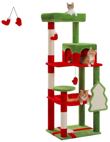 PAWZ Road Kratzbaum 143cm, stabil für große Katzen Rot | Kratzbaum 143cm, stabil mit dicker Bodenplatte, Plüsch-Hängematte, 6 Ebenen, Sisal-Kratzpfosten, 2-türiges Katzenhaus