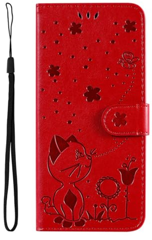 XYZNTMF for iPhone 11 Case Shockproof Flip Wallet Pouch with Card Slots Cat Bees PU Leather Shell TPU Bumper Kickstand Magnetic Clasp Drop Protection Cover for iPhone 11, Red