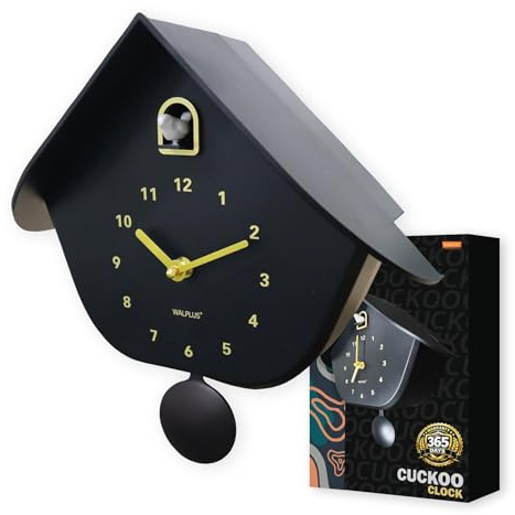 WALPLUS Kuckucksuhr schwarz matt 32,5 cm mit abnehmbarem Pendel, weißer Vogel – Kuckucksuhr