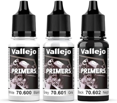 Vallejo Acrylic Polyurethane Surface Primer Set – White, Grey & Black 18ml (0.6 fl oz) Dropper Bottles – Fast-Drying, High-Adhesion Primer for Miniatures & Scale Models