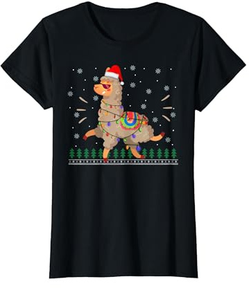 Weihnachtspullover mit Lama-Weihnachtsmann-Mütze, hässlicher Weihnachtspullover, Baum, Alpaka-Geschenk T-Shirt, Damen, Schwarz, 3XL