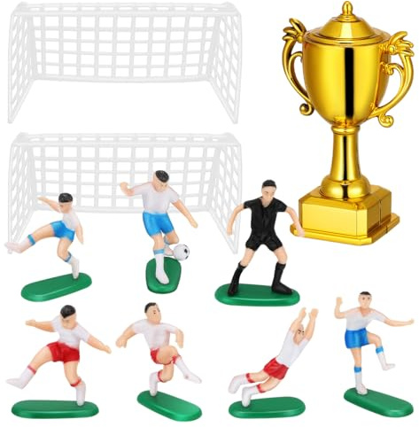 YARNOW Miniature Football Goal Set with Trophy and Tiny Players, Soccer Sports Cake Toppers for Birthday Party Decorations, Micro Player Model Figures for Dollhouse Scene Displays