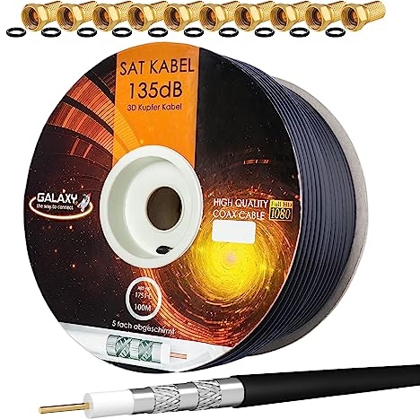HB-DIGITAL 135dB 100m Koaxial SAT Kabel Reines KU Kupfer Schwarz Koax Kabel Antennenkabel 5-fach geschirmt für DVB-S/S2 DVB-C und DVB-T BK Anlagen + 10 vergoldete F-Stecker mit Gummiring Gratis dazu