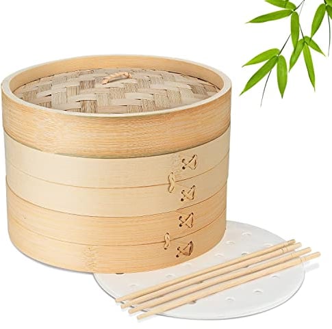 Flexzion Bambus Dampfgarer Set, Asiatischer Bambusdämpfer 2 Etagen mit Deckel, 23cm Dämpfkorb mit 50 Backpapier & 2 Paar Essstäbchen, für Knödel, Fleisch, Fisch, Gemüse, Reise