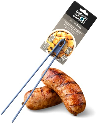 Taylors Eye Witness Large Blue Silicone Gripping Tongs - Dishwasher Safe. Sturdy Build, Non-Scratch Grip Heads, Long Handle. Odour, Stain & Heat Resistant (260°C/500°F). 5 Year Guarantee