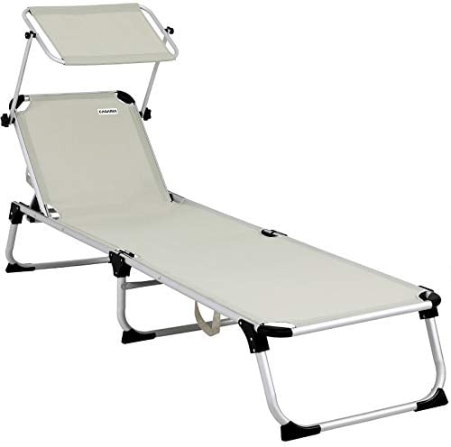 Casaria® Gartenliege mit Dach Klappbar Seitentasche Kissen Aluminium Wetterfest bis 180kg Gartenliege Leicht Liegestuhl 210 x 61 cm Relaxliege Creme