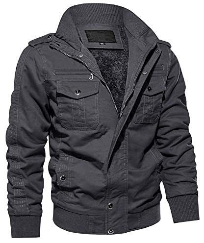 MAGCOMSEN Herren Winterjacke Fleecejacke Männer Arbeitsjacke Baumwolle Dick Jacke Stehkragen Jacket Winter Grau M