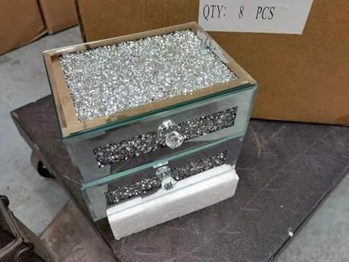 Biznest Mirrored Silver 2 Drawer Jewellery Box Full Crushed top Eye Catching Makeup Jewellery (Silver)